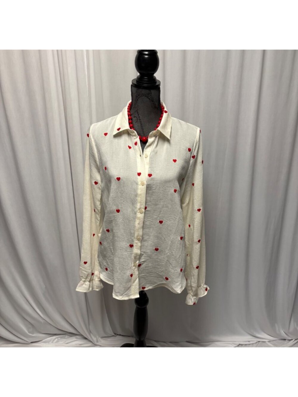 Hem Thread Heart Print Blouse Womens Small Semi Sheer Romantic Coquette Top NEW